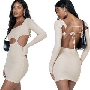 Princess Polly‎ Zolia Long Sleeve Ribbed Mini Dress Beige Size 8